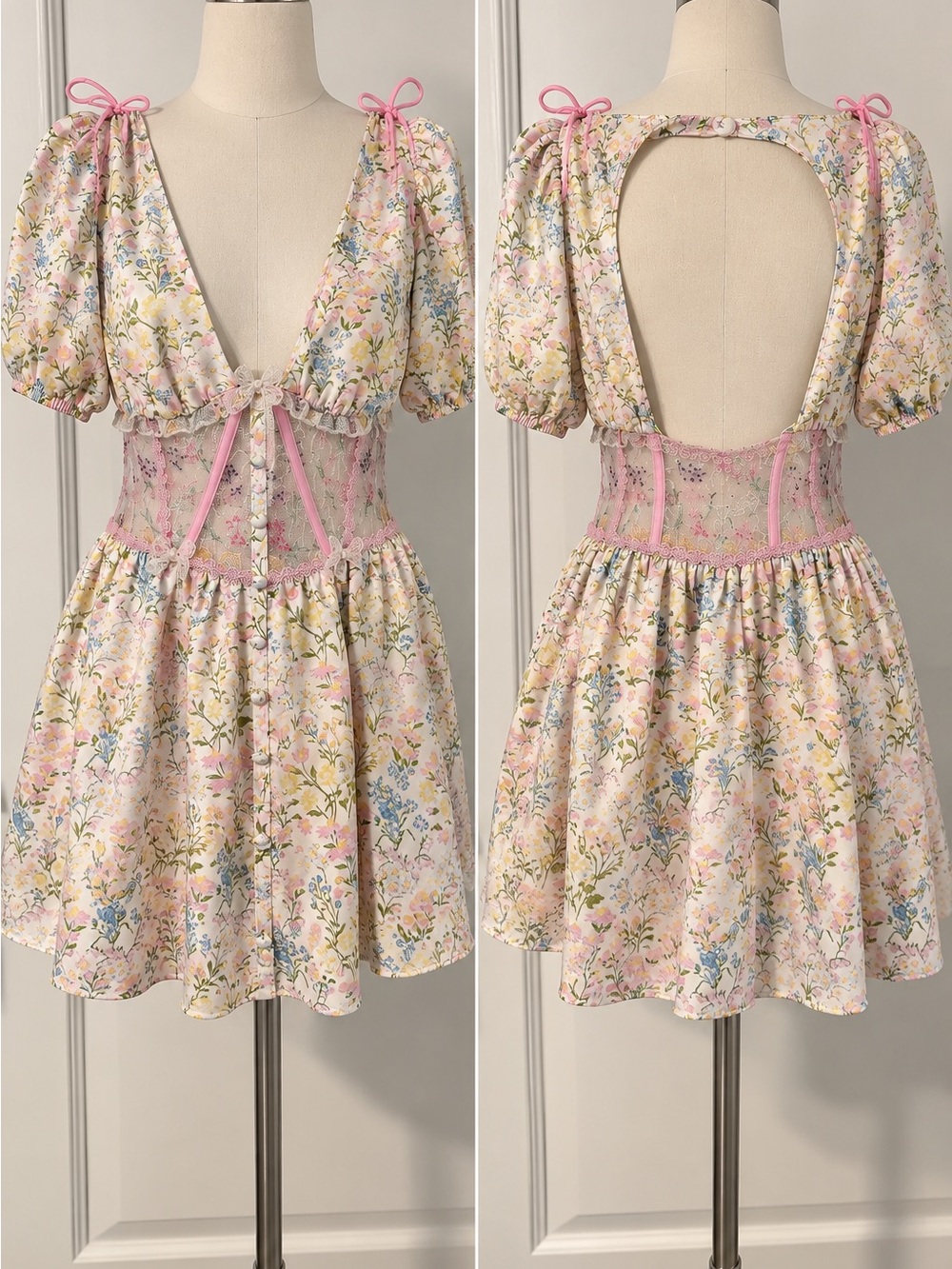 For Love And Lemons Pink Floral Lace-Trim Open-Back Chemise